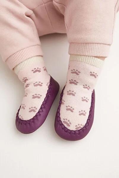 minissa baby kids Çarık Çorap Kaynaz Taban Deri Pati Desenli Mürdüm-Sıcacık
